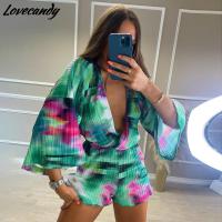 Women V Neck Short Suit Fashion Collected Waisted Suits Women Elegant Flare Sleeve Shorts Suit  Female Ladies