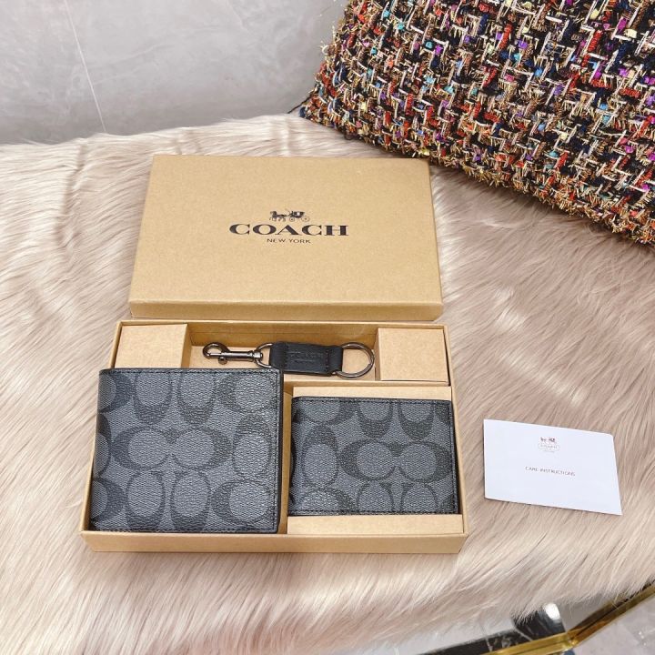 top-with-gift-box-coach-premium-mens-wallet-super-gift-box-wallet-card-case-keychain-coach2022-short-wallet-men-two-fold-wallet-leather-litchi-pattern-in-stock