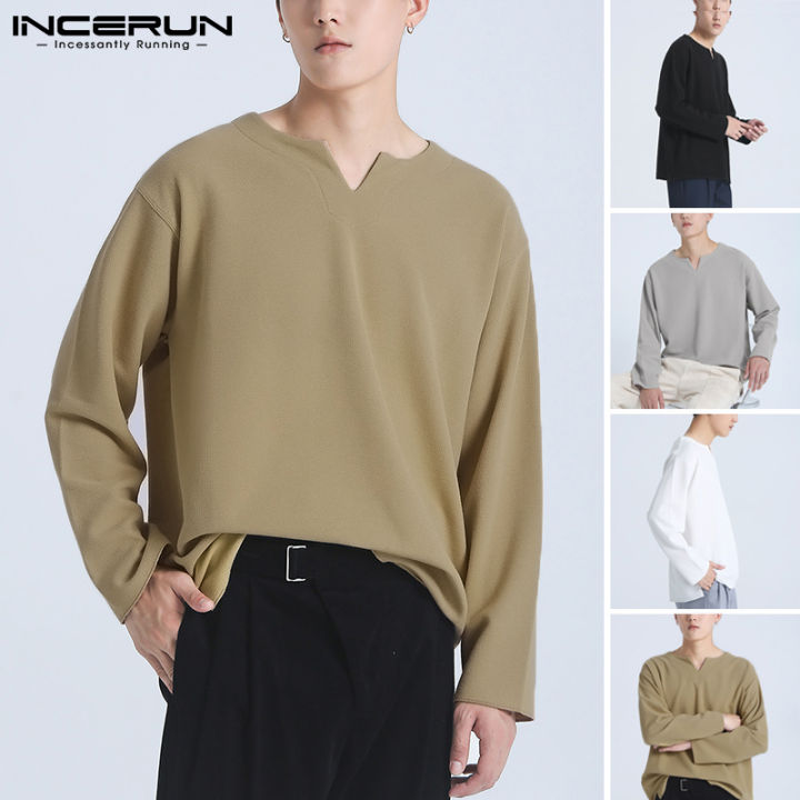 incerun-เสื้อยืดชาย-แขนยาว-คอวี-ไม่รัดรูป-qc8191601