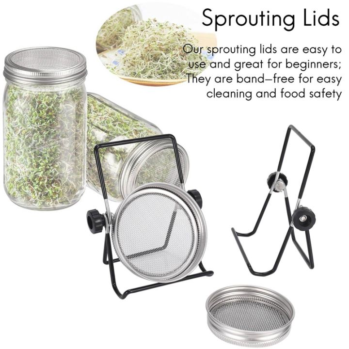 sprouting-jar-mesh-lids-kit-4-pcs-sprouting-lids-stainless-steel-screen-2-sprouting-stands-pack-foldable-adjustable