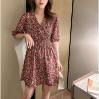 French romantic V-neck dress Temperament r floral short-sleeved dress