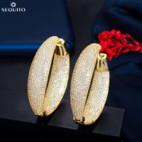 SEQUITO ขนาดใหญ่ห่วงวงกลมวนต่างหู Micro Pave ลูกบาศก์ขนาดเล็ก Zirconia อินเดียสีเหลืองชุบทองหรูหรางานแต่งงานเจ้าสาวเครื่องประดับสำหรับผู้หญิง SE247