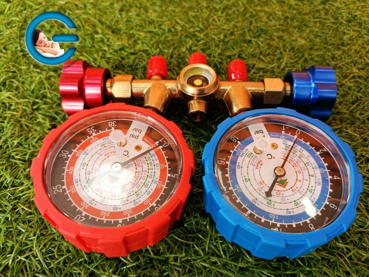 เกจคู่-manifold-gauge-hs-536c-แมนิโฟเกจคู่-analog-แบบเข็ม-r22-r404a-r134a-r407c-มีปลอกยางกันกระแทก