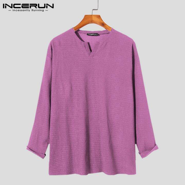 incerun-เสื้อท็อปคอวีแขนยาวสีพื้นสไตล์เกาหลีสําหรับผู้ชาย