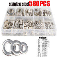 580Pcs เครื่องซักผ้าสแตนเลสเครื่องซักผ้าธรรมดาชุดสกรู Fastener ฮาร์ดแวร์ Assortment อุปกรณ์เสริม M2M2.5M3M4M5M8M10M12