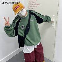 MAYCHEER เสื้อกีฬาคอกลมหลวมสำหรับผู้ชายและผู้หญิงเย็บปะติดอเมริกาแบบย้อนยุคใหม่เสื้อสตรี