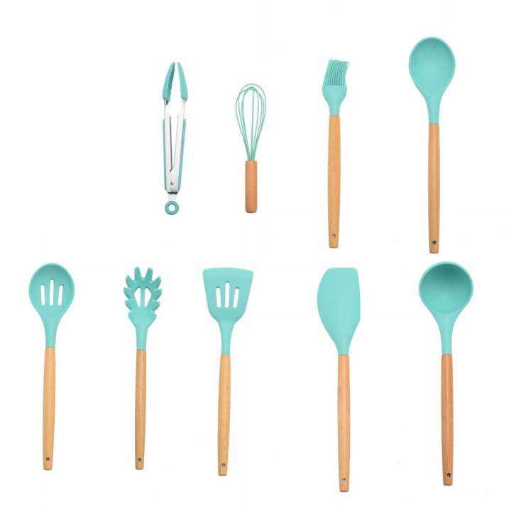 useful-wooden-handle-silicon-utensil-kitchenware-cookware-spatula-soup-spoon-brush-ladle-pasta-colander-non-stick-kitchen-tools