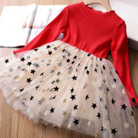 Girls Winter Dress for Kids Long Sleeve Star Sequined Princess Dresses 3 6 8 Years Old Children Cotton Knitted Christmas Clothes