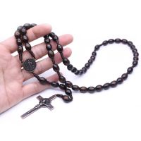 Dark Brown Wooden Bead Rosary Necklace Cross Pendant Christian Rosary Necklace Jesus Catholic Religious Hand-woven Jewelry Fashion Chain Necklaces