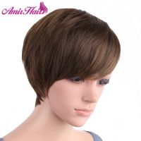 Amir Short Synthetic Hair Wigs Short Straight Dark Brown Wig Mens Short Synthetic Hair Men Wigs Dark Brown Color Natural Wig Gift ของขวัญ