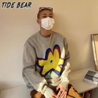 TIDE BEAR เสื้อสเวตเตอร์แบบสวมหัวของผู้ชายเสื้อสเวตเตอร์คอกลมแขนยาวเสื้อสไตล์หลวมลำลองอินเทรนด์โค้ทพิมพ์ลาย