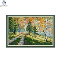 Autumn Woods Landscape Cross Stitch Set 14CT 11CT White Counted Printed Fabric Embroidery Kit DIY Handmade Needlework Hmoe Decor