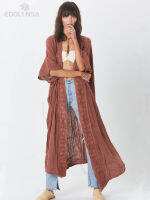 2022 Casual Hollow Out Half Sleeve Front Open Long Kimono y Brown Tunic Plus Size Women Summer Beach Wear Wrap Coat N1263