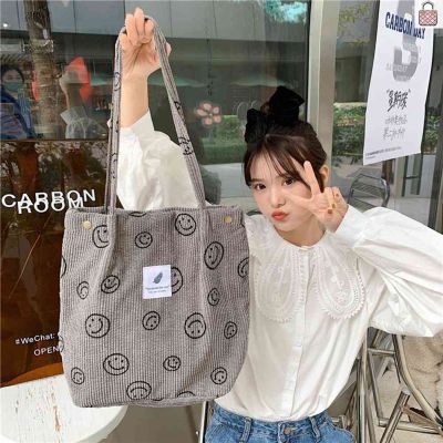 Corduroy Top-handle Bags Retro Women Shoulder Bag Smile Face Cute Prints Reusable Large Capacity for School Girls