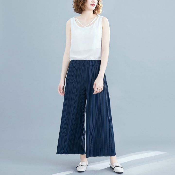 กางเกงลำลองพลีทขนาดพลัสไซส์ทรงหลวมสีขาวกางเกงขาม้า100เรียบง่ายเอวยาวยางยืด-pants301t3088