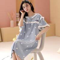 【 WYIN kitchen】 【 WYIN kitchen】Home Princess Style Young Girl Cotton Nightdress Knee-Length Summer Short Sleeve Women Sleepwear Dress Slash Neck Nightshirt