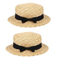 2X Cute Child Girls Straw Hat Bowknot Sun Hat Kids Large Brim Beach Summer Boater Beach Ribbon Round Flat Top Fedora Hat