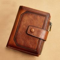 ZZOOI Vintage Men Genuine Leather Wallet RFID Blocking Trifold Short Multi Function Money clip Large Capacity Zipper Coin Purse