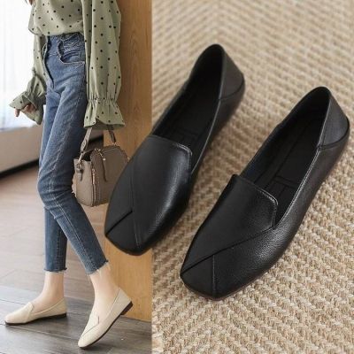 ❈☋✎ Square toe single shoes for women retro lazy one-foot British shoes internet celebrity ins trend real soft leather soft sole versatile fairy