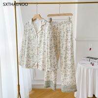 SXTHAENOO Pijama Flower Print Womens Pajama Sets Lapel White Sexy Lingerie Sleepwear Pajamas Home Wear Nightwear Clothing