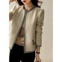 เสื้อแจ็คเก็ต เสื้อโค้ตผ้าขนสัตว์สำหรับผู้หญิง Woven high luxury champagne white exquisite jacket women