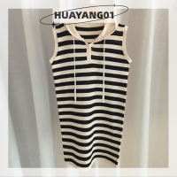 HUAYANG01 [2023 new HOT FASHION] lazlook ชุดเดรสลายทางมีฮู้ดของผู้หญิงเดรสมิดิแขนกุดลำลองฤดูร้อน