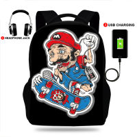 Skateboard Anime USB Port Book bag Rucksack Student School Bag For Boys Girls Travel Black Backpack