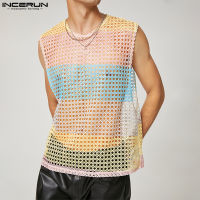 INCERUN เสื้อแขนกุดผู้ชายแขนกุดเย็บปะติดปะต่อกันลูกเรือคอเสื้อตาข่าย Fishnet Casual Beachwear Tank (สไตล์ตะวันตก)