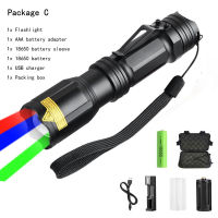 4in1 Tactical Zoomable LED Flashlight RedGreenBlueWhite light Torch Outdoor FLight Waterproof with 18650 Battery Charger