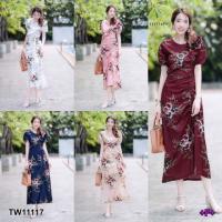 P11117 เดรสลายกุหลาบแต่งระบายอกกระโปรงโบว์รูด Rose pattern dress with ruffled bodice, bow slit skirt