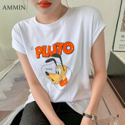 AMMIN Áo Thun Cotton Ngắn Tay In Hình Hoạt Hình Thời Trang Phong Cách Hàn