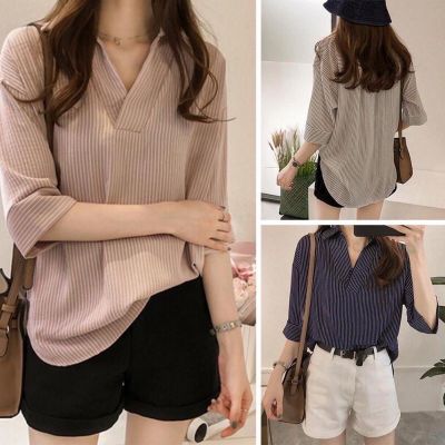 💥พร้อมส่ง M-4XL 💥เสื้อเชิ้ตผู้หญิง เสื้อเซิ้ตลายทางแขนสั้น คอปก เสื้อเชิ้ตคอปก แขนยาว เสื้อไซส์ใหญ่ เสื้อทรงหลวม T Shirt Of Quilla Style (MEI 34)