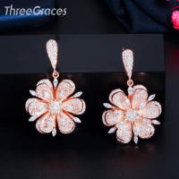 ThreeGraces Beautiful 3D Flower Shape Rose Gold Color Wedding Dangle Drop Earrings for Women New Fashion Summer Jewelry ER625