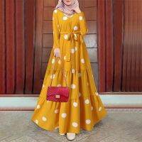 Gaugun Motif ลายจุดมุสลิม Wanita Gaun Malam Pesta Islam Jubah Kaftan Longgar Panjang Leher-O Mode