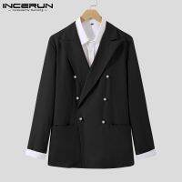 INCERUN Mens Western Style Fashion Long Sleeve Solid Color Double Breasted Blazer