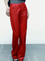 ผู้หญิง2022แฟชั่นสีแดง Faux หนังกางเกงกางเกงกระเป๋าเอวสูง Office Lady Elegant กางเกง Pantalon