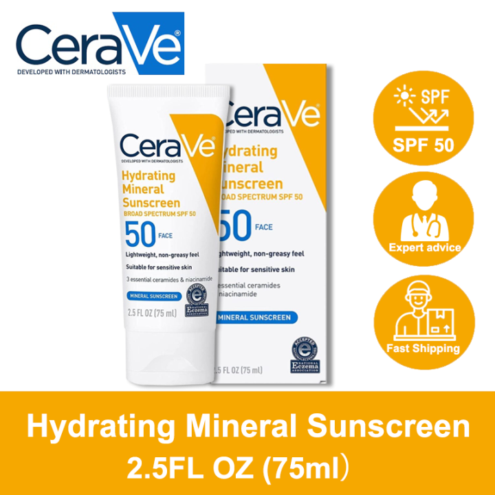 CeraVe 100% Hydrating Mineral Sunscreen for Sensitive Skin SPF 50 （75ml ...