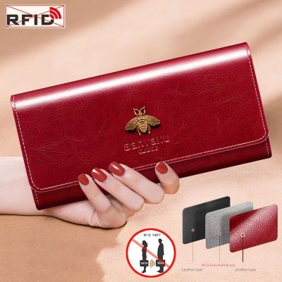 กระเป๋าสตางค์หนังแท้สำหรับผู้หญิง,กระเป๋าใส่บัตรมัลติฟังก์ชันบล็อก RFID กระเป๋าคลัชความจุขนาดใหญ่สำหรับผู้หญิงดีไซน์หรูหรา