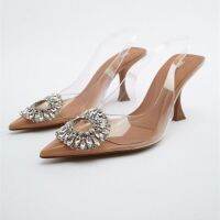 Women Sandals Beige Square Button Rhinestone Decorative Transparent High Heels Shoes 2023 Fashion Slingback Pumps Summer