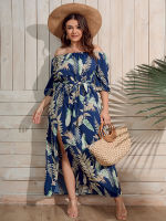 Finjani Tropical พิมพ์แยกต้นขา Belted ชุด Plus ขนาดผู้หญิง Slash คอเซ็กซี่อารมณ์ Robe ฤดูร้อน4XL Maxi Dress