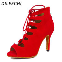 DILEECHI มาใหม่สีแดงสีฟ้าสีดำกำมะหยี่ส้นรองเท้าเต้นรำละตินของผู้หญิงงานแต่งงานซัลซ่ารองเท้าเต้นรำนุ่ม Outsole 8.5เซนติเมตร