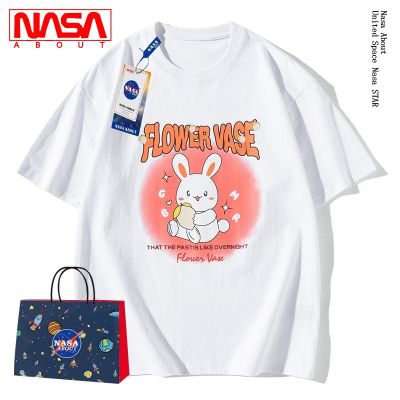 NASA ร่วมแขนสั้นเสื้อยืดผู้หญิงฤดูร้อนผ้าฝ้ายแท้หนักกระต่ายพิมพ์ครึ่งแขนหลวมสบายๆเสื้อคู่น้ำ