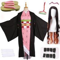 Anime Demon Slayer: Kimetsu no Yaiba Cosplay Costume Kamado Nezuko Cosplay Costume Wig Geta Women Kimono Uniforms Full Set