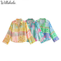 Willshela เสื้อเชิ้ตผ้าซาตินพิมพ์ลายดอกไม้แฟชั่นสำหรับผู้หญิงคอปกแขนยาวเสื้อวินเทจลำลองสำหรับผู้หญิงเก๋ไก๋