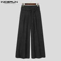 INCERUN Mens Casual Soft High Waist Tie Belt Wide Leg Loose Home PantsTH