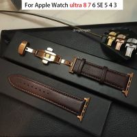 สายนาฬิกาหนังสำหรับ Apple Watch 8 7 6 SE 5 4 3หัวเข็มขัดผีเสื้อสายนาฬิกา38มม. 40มม. 41มม. 42มม. 44มม. 45มม. 49มม. สำหรับ Iwatch Ultra