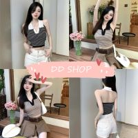 DD SHOPพร้อมส่ง 0236 เสื้อครอปคล้องคอไหมพรม คอปก ดีเทลลายทางน่ารักมาก