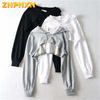 ZNPNXN ผู้หญิงสั้น Hoodies เสื้อ Navel Pullover แขนยาวหลวม Top