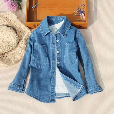 Fashion Jeans Blouse Girl Cotton Turn-down Collar Blue Washing Shirts Spring Autumn Teenage Long Sleeve Outerwear Tops 4 8 12Yrs