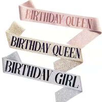 ∈◕ Birthday Queen Pink Party Shoulder Strap Girdle Supplies Birthday Girl Silver Glitter Satin Sash Women Princess Scarf Decoration